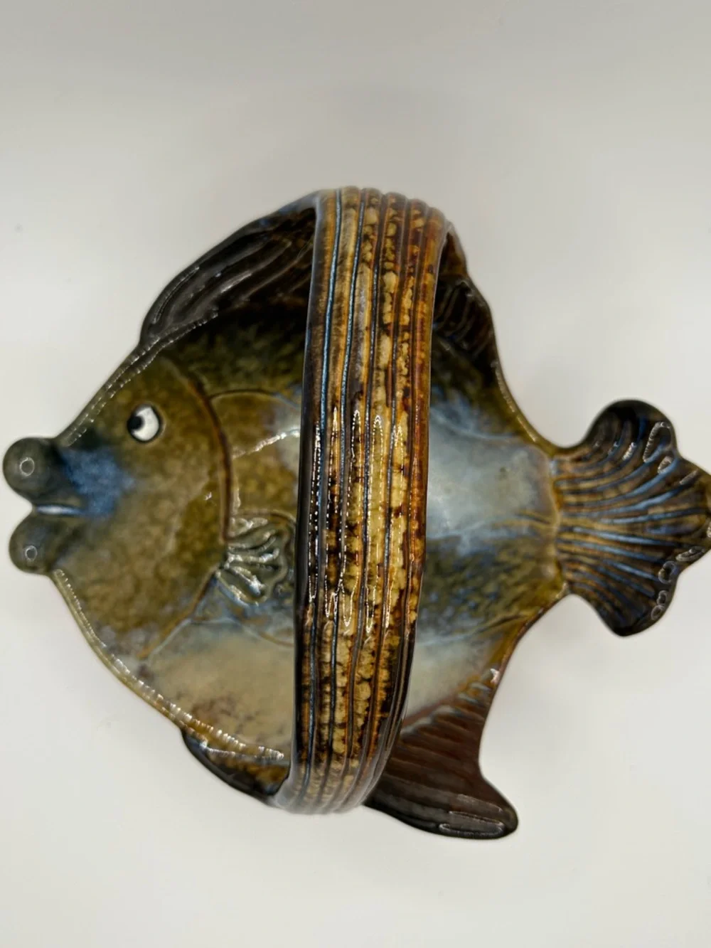 Vintage Handcrafted Ceramic Fish Bowl - Olive Green and Brown